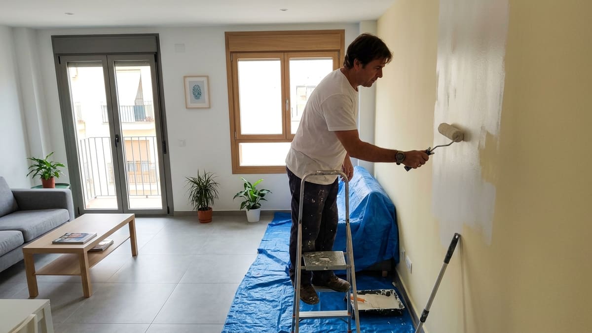 Pintor profesional trabajando en una habitación con rodillo en España, precios de pintar una casa o piso en 2026