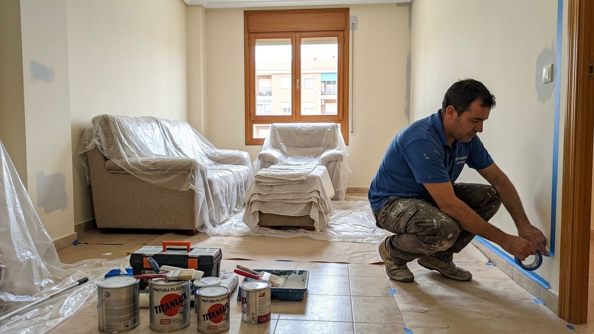 Pintor profesional preparando las paredes de un salón para un presupuesto detallado